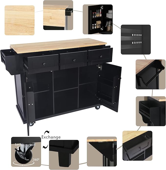 Merax Rolling Mobile Kitchen Island Cart Breakfast Bar with Wood Top, Door Internal Storage Racks, 3 Drawers and 5 Wheels for Dining Room