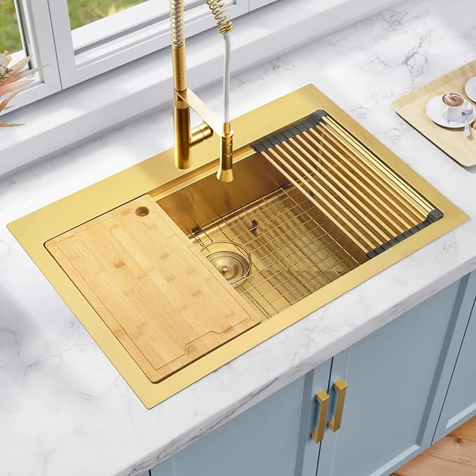 Gold Kitchen Sink 33" X 22",Drop In/Top Mount 16 Gauge Stainless Steel Workstation Sink,Deep & Large Single Bowl Kitchen Sinks (Gold, 33" X 22")