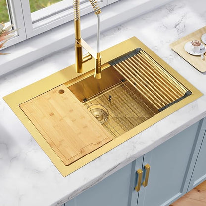 Gold Kitchen Sink 33" X 22",Drop In/Top Mount 16 Gauge Stainless Steel Workstation Sink,Deep & Large Single Bowl Kitchen Sinks (Gold, 33" X 22")