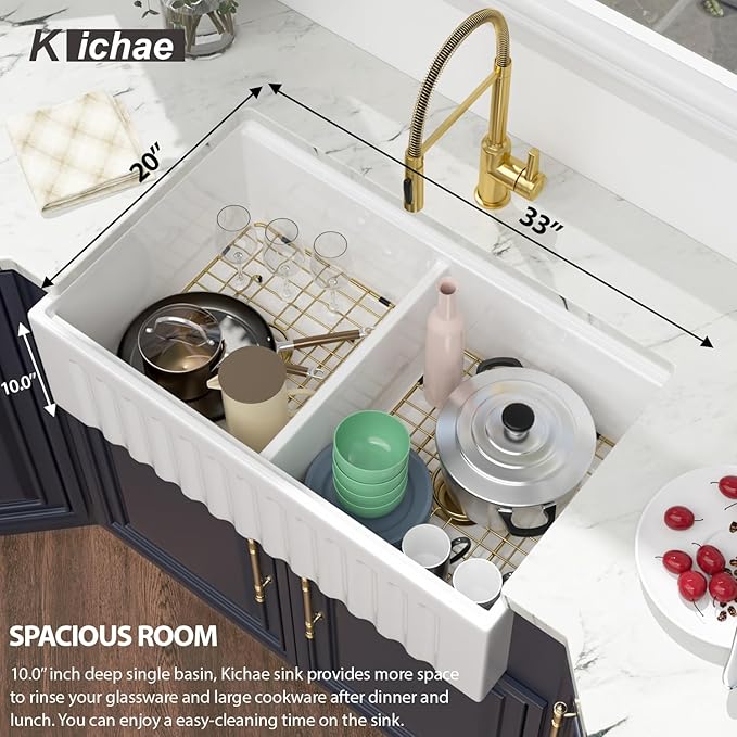 33 White Farmhouse Sink Double Bowl- Kichae 33 x 20 Inch Farmhouse Kitchen Sink Ledge Workstation Apron Front Ceramic Porcelain Single Bowl with Gold Accessories