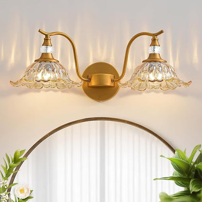 Vintage Bathroom Vanity Light Fixtures - 2 Light Antique Brass Bathroom Lights Fixture Over Mirror with Amber Flower Glass,Retro Brushed Gold Bronze Wall-Mounted Vanity Lighting for Powder Room