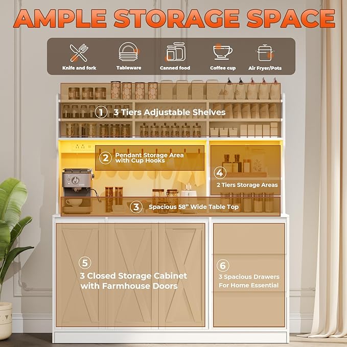 Loomie Farmhouse Sideboard Buffet Cabinet with Storage, 59" Kitchen Storage Cabinet with Power Outlet & LED Light, Coffee Bar w/Microwave Stand & Doors & Drawers & Hooks & Adjusted Shelves (White)