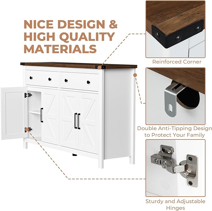 VVFLU 55" Modern Farmhouse Buffet Cabinet with Storage, Coffee Bar Cabinet with 2 Drawers and 4 Barn Doors, Sideboard Storage Cabinet for Kitchen, Dining Room, Living Room, White Wood