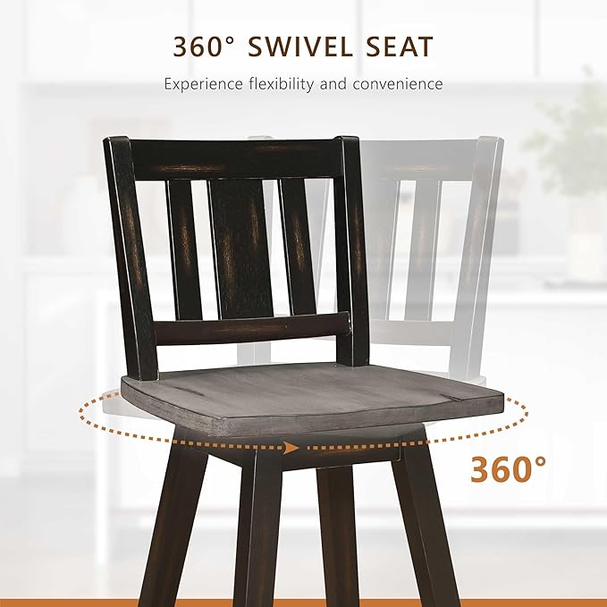 Lexicon Bar Height Bar Stools Set of 2-Solid Wood Frame 360° Swivel Wooden Stools, Foot Rest, Slat Back, Wide Seat, Distressed Farmhouse Easy to Clean Finish, 28.5" SH, Antique Black/Grey