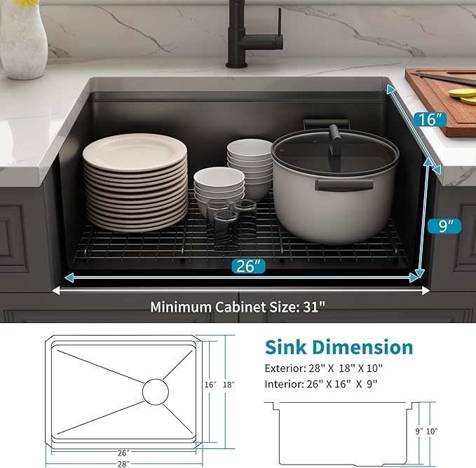 Kitsitchen Black Undermount Kitchen Sink 28-Inch, 16 Gauge Stainless Steel Workstation Kitchen Sink with Accessories,Single Bowl Handmade Kitchen Sinks,Round Corner & Offset Drain Design(28" X 18")