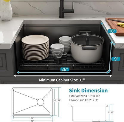 Kitsitchen Black Undermount Kitchen Sink 28-Inch, 16 Gauge Stainless Steel Workstation Kitchen Sink with Accessories,Single Bowl Handmade Kitchen Sinks,Round Corner & Offset Drain Design(28" X 18")