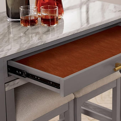 espidoo Kitchen Island with Stools & Storage: Expandable Faux Marble Top on Casters - Farmhouse Style Dining Set for Small Spaces & Family Gatherings