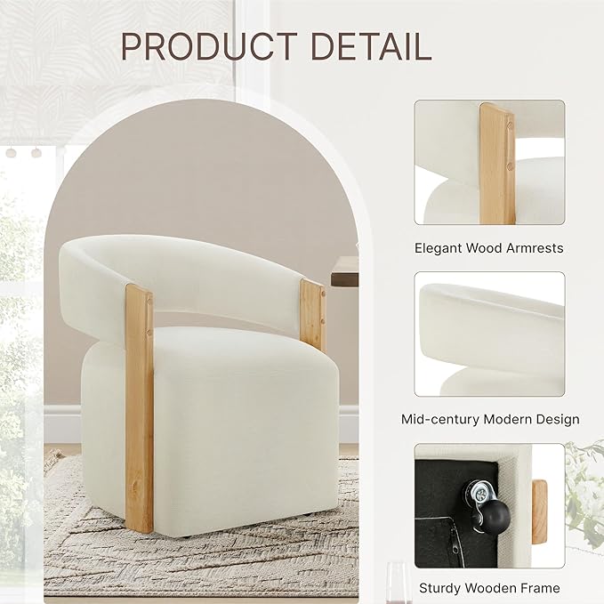 KISLOT Upholstered Dining Chair Set of 1, Barrel Modern Dining Room Chair with Casters, Kitchen Side Wooden Armchair with Fabric Cushion Seat for Bedroom, Livingroom, Reading Room, Beige, 1 Box