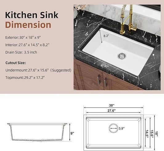 Davivy 30 Inch White Granite Composite Sink Workstation, 30 X 18 White Undermount Kitchen Sink, Dual Mount Installation, Deep Single Bowl with Accessories