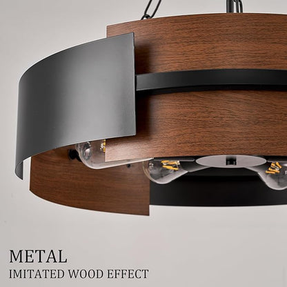 CATINER 24" Industrial Chandelier, Modern Hanging Fixture 6-Light Drum Pendant Light for Living Dining Room Foyer Entryway Kitchen, Black Metal with Red Walnut Grain Finish