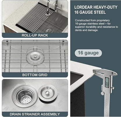 Lordear Drop In Laundry Sink with Faucet 22"x22"x12" Topmount Utility Sink 16 Gauge Stainless Steel Single Bowl for Laundry Room