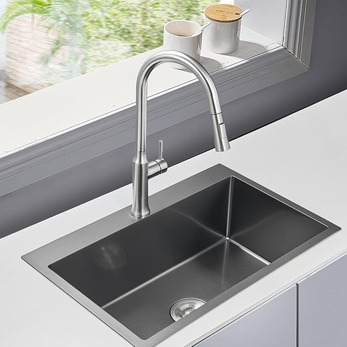 MENATT 28-inch Drop in Kitchen Sink, SUS304 Stainless Steel Single Faucet Hole Single Bowl Topmount Kitchen Sinks (Black), D28" x W18" x H9"