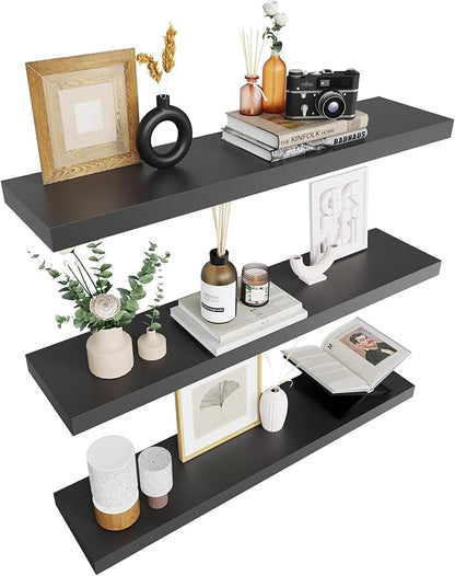 Colima Bathroom Floating Shelves for Wall, 36" Floating Wall Mounted Shelf, Rustic Wood Hanging Shelf for Home Organization, Bathroom, Kitchen, Living Room (Set of 3, Black)