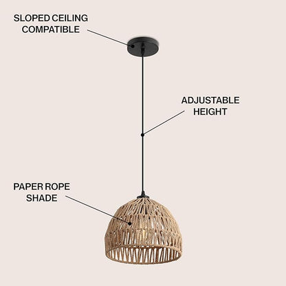JONATHAN Y 10.25" Brown Modern Bohemian Woven Rope LED Pendant Light Fixture, Adjustable Dome Ceiling Lamp for Kitchen Island, Rope Shade, Coastal Farmhouse Decor (JYL6513E)