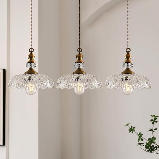 CVKASH Vintage Glass Pendant Light Fixture 3-Pack Brass Modern Adjustable Chandelier Farmhouse Hanging Ceiling Light for Hallway Porch Kitchen Bedroom Coffee Shop Dining Room