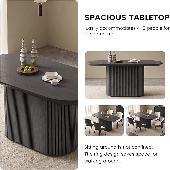 62.99 Inch Rectangular Dining Table for 4-6 People, Modern Kitchen Dining Room Table with Pedestal Base, Black Table Furniture, Mid Century Dining Table for Apartment Home Office
