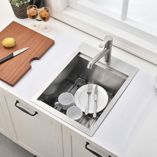VAPSINT 15x20 Inch Drop In Bar Sink Workstation, 15x20x9 Topmount T304 Stainless Steel Small Kitchen Bar Sink, Handmade Single Bowl Basin for Laundry Wet Bar Prep RV Outdoor with Accessories