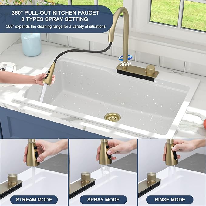 33 Waterfall Kitchen Sink Drop In - Lordear 33x22 Kitchen Sinks White Quartz Granite Composite Multifuctional Workstation Single Bowl Topmount Sink with Pull Out Faucet