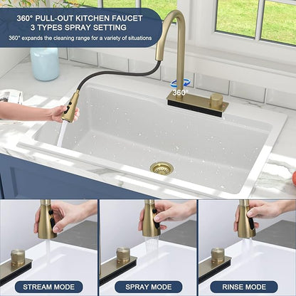 33 Waterfall Kitchen Sink Drop In - Lordear 33x22 Kitchen Sinks White Quartz Granite Composite Multifuctional Workstation Single Bowl Topmount Sink with Pull Out Faucet