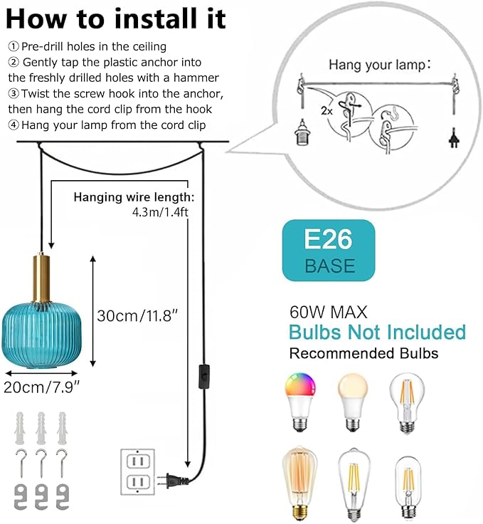 Gold Plug in Pendant Light with On/Off Switch, Blue Ribbed Glass Hanging Lamp, Adjustable Cord, Coastal Style for Kitchen, Dining Room, Living Room, Bedroom