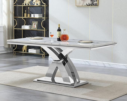 68" Faux Marble White Dining Table for 6-8, Modern Dining Room Table with 0.71" Marble Printing MDF Top and X-Shaped Silver Stainless Steel Base, Rectangle Kitchen Dinner Table