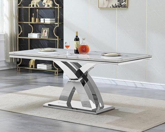 68" Faux Marble White Dining Table for 6-8, Modern Dining Room Table with 0.71" Marble Printing MDF Top and X-Shaped Silver Stainless Steel Base, Rectangle Kitchen Dinner Table