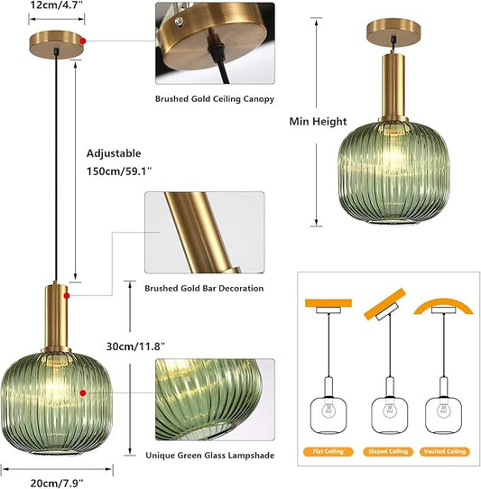 BOKT Mid Century Modern Green Glass Pendant Light Large Gold Globe Kitchen Island Pendant Light Fixture Minimalist Anti Brushed Brass Round Ceiling Hanging Pendant Lamp (7.9" Green)