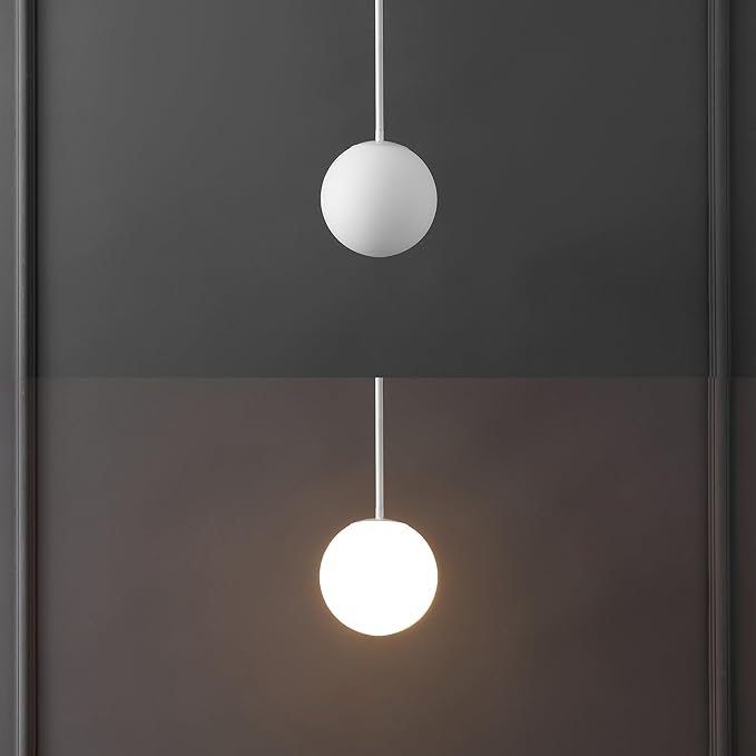JONATHAN Y 7.75" White Modern Globe LED Pendant Light, Industrial Hanging Ceiling Lamp for Kitchen Island, White Glass Globe Shade, LED Bulb Included (JYL9528E)