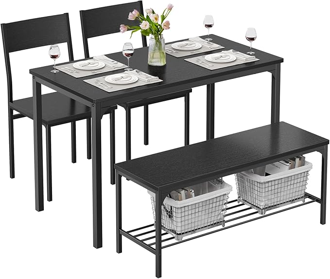 DUMOS Dining Table, Dining Table Set for 4 with Bench, Easy to Assemble Kitchen Table, Space-Saving Ideal 4-Person Set for Dining Room Kitchen Apartment Corner Dark Black 4 Pack
