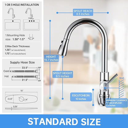 Arofa Chrome Kitchen Faucet, High Arc Kitchen Faucet with Pull Down Sprayer, Modern Single Handle Chrome Kitchen Faucets for 1/3 Hole Sink