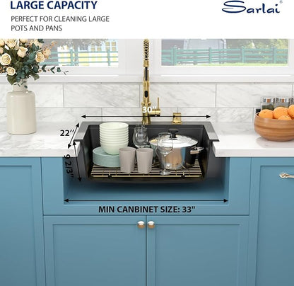 Sarlai 30 Granite Composite Black Kitchen Sink - 30"x22" Drop In Kitchen Sink Ledge Workstation Black Granite Quartz Composite Top-Mount Single Bowl Sinks Basin with Gold Accessories