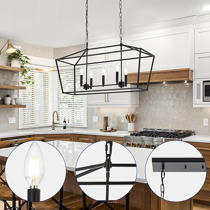 5-Light Kitchen Island Linear Chandelier Large Farmhouse Black Pendant Lighting for Dining Room Over Table Vintage Lantern Hanging Light Fixture, Sloped Ceiling