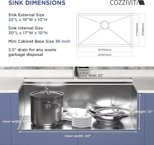 32in Undermount Workstations Kitchen Sinks - 11 Gauge Stainless Steel Sink 10inch Deep Worktation Sink with Cutting Board and Accessories