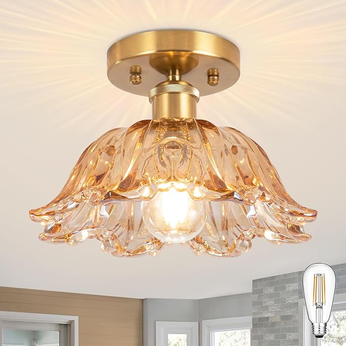 Semi Flush Mount Ceiling Light,Vintage Lights Fixture Ceiling E26 Base，Amber Shade Glass Hallway Light Fixture for Porch Kitchen Bedroom, Bulb Included