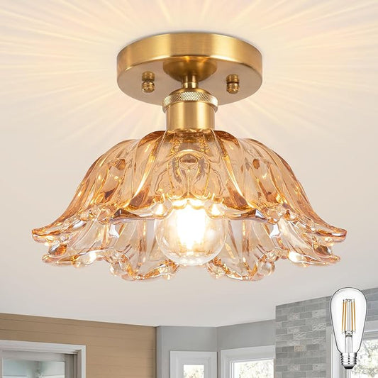 Semi Flush Mount Ceiling Light,Vintage Lights Fixture Ceiling E26 Base，Amber Shade Glass Hallway Light Fixture for Porch Kitchen Bedroom, Bulb Included