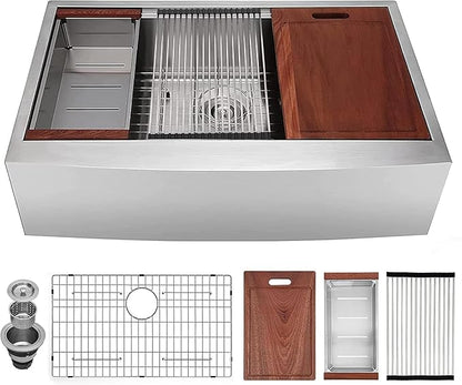 30x22 Inch Farmhouse Kitchen Sink – Workstation Apron Front, ALWEN Single Bowl Sink, 16 Gauge Scratch-Resistant Stainless Steel, R10 Radius, Ledge & Accessories Included