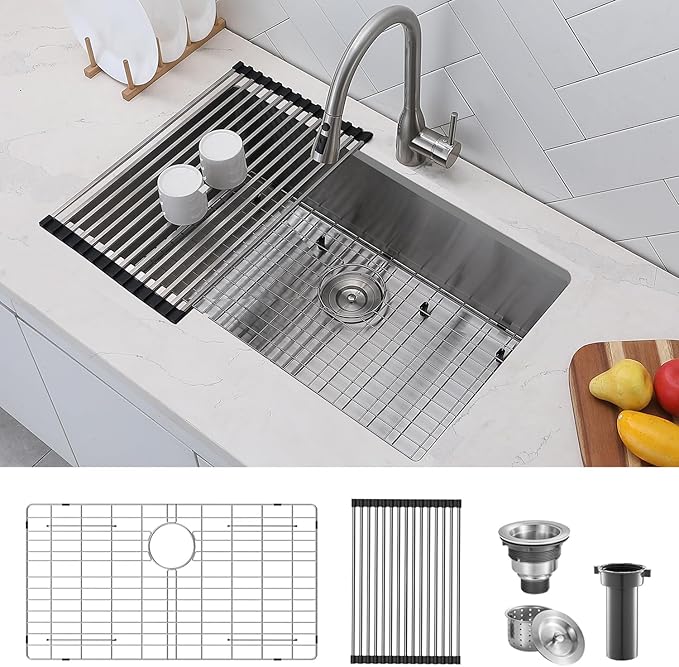 30 Inch Undermount Kitchen Sink, 30" x 16.5" x 8" Under Mount Brushed Nickel RV Laundry Utility Undermount 16 Gauge Stainless Steel 8 Deep Single Bowl Small Kitchen Laundry Narrow Sink
