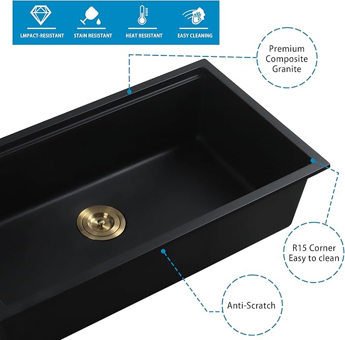 Black Undermount Kitchen Sink 30 Inch - Drop In Granite Quartz Composite Workstation Sink - Deep Single Bowl,Dual Mount,with Accessories