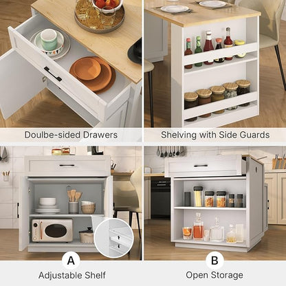 Rovibek Kitchen Island Expandable Table with Storage for 2-6 Person, Kitchen Islands with 2 Drawers, 2 Side Open Shelves and Built-in Power Outlet, Faux Marble Top Kitchen Island Table White