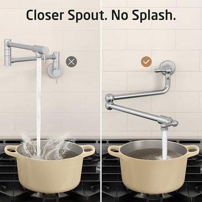 KES Upside Down Pot Filler Faucet with Heat-Resistant Cartridge, 26'' No Leak Over Stove Pot Filler Faucets Double Joints Swing Arm, No Lead, Wall Mount, 18/8 Stainless Steel, Brushed Nickel