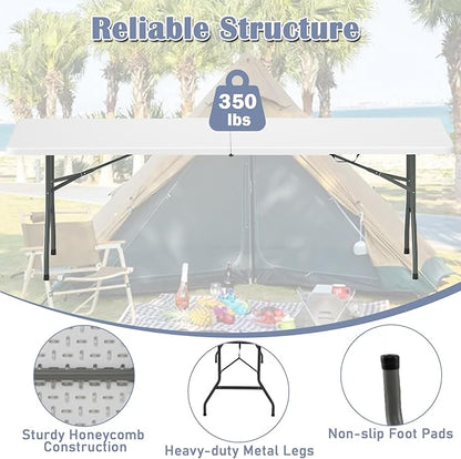 Tangkula 8 FT Folding Table, Indoor Outdoor Foldable Plastic Table with HDPE Tabletop, Sturdy Metal Fame, Carrying Handle, Heavy Duty Portable Fold-in-Half Picnic Table for Camping BBQ Party