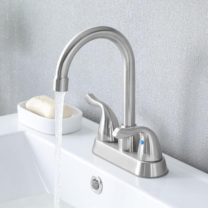 Brushed Nickel Bathroom Sink Faucet, 2 Handle 4 Inch Centerset Bathroom Faucet, 3 Hole Small Bathroom Sink Faucet with Supply Lines and Pop-up Drain, RV faucets for Camper Lavatory Vanity
