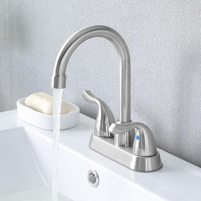 Brushed Nickel Bathroom Sink Faucet, 2 Handle 4 Inch Centerset Bathroom Faucet, 3 Hole Small Bathroom Sink Faucet with Supply Lines and Pop-up Drain, RV faucets for Camper Lavatory Vanity