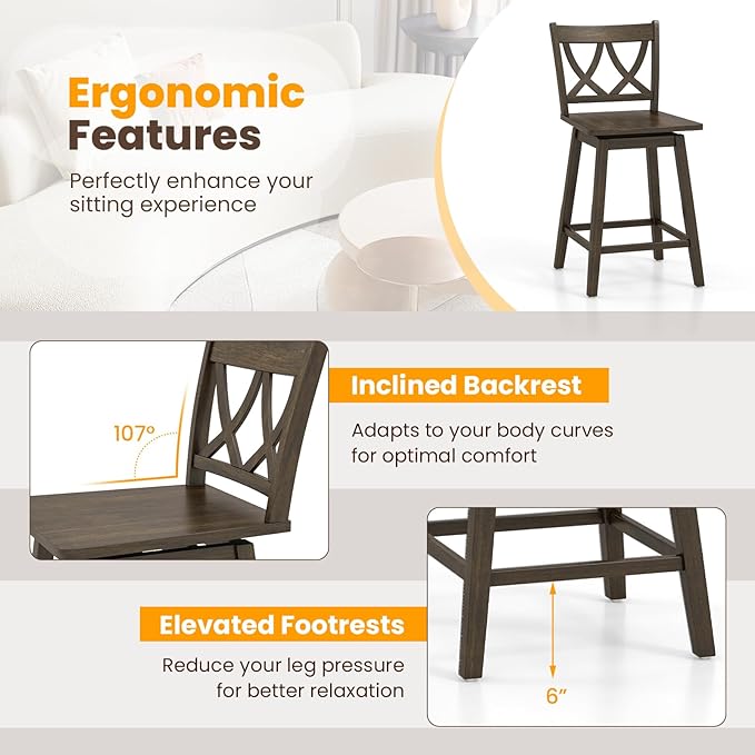 Giantex 24" Bar Stools Set of 2, Swivel Wooden Bar Chairs with Rubber Wood Frame, Footrest & Ergonomic Backrest, Counter Height Barstools for Kitchen Island, Restaurant & Pub, Dark Grey