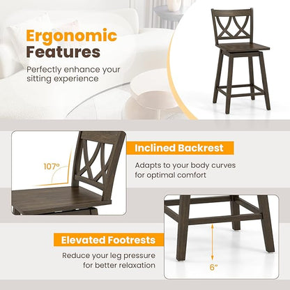 Giantex 24" Bar Stools Set of 2, Swivel Wooden Bar Chairs with Rubber Wood Frame, Footrest & Ergonomic Backrest, Counter Height Barstools for Kitchen Island, Restaurant & Pub, Dark Grey