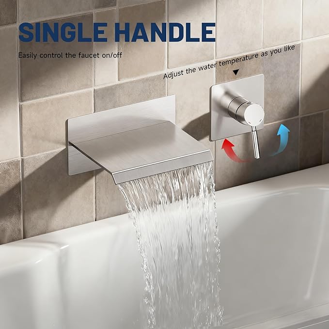 BWE Bathtub Faucet Brushed Nickel Waterfall Bathtub Faucet Wall Mounted Tub Spout Bathroom Tub Filler One Handle Shower Kit Rough-in Valve