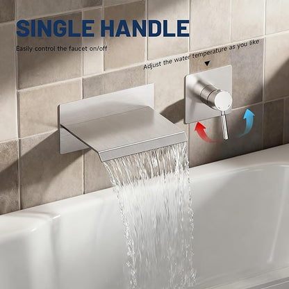 BWE Bathtub Faucet Brushed Nickel Waterfall Bathtub Faucet Wall Mounted Tub Spout Bathroom Tub Filler One Handle Shower Kit Rough-in Valve