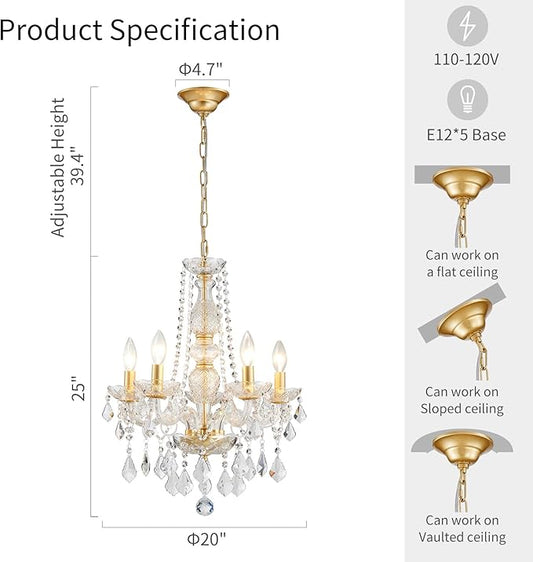WUZUPS Crystal 5-Light Candle Chandelier Pendant Flushmount Ceiling Light Modern Lighting Fixture for Bedroom Hallway Bar Kitchen Bathroom, H 25" x W 20", Gold, E12 Base