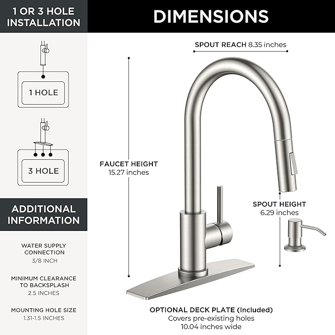 FORIOUS Kitchen Faucet with Pull Down Sprayer, Modern Single Hole Kitchen Sink Faucet with Soap Dispenser, Deck Plate, Brushed Nickel Single Handle, High Arc Stainless Steel for RV Farmhouse Laundry