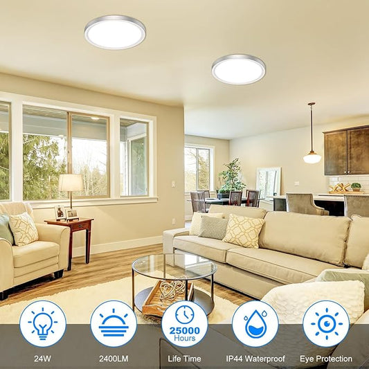 Peasur 12 Inch LED Ceiling Light Brushed Nickel, 24W Slim Flush Mount Ceiling Light 3000K/4000K/6500K Adjustable, Modern Round Ceiling Lighting for Bedroom, Living Room, Kitchen